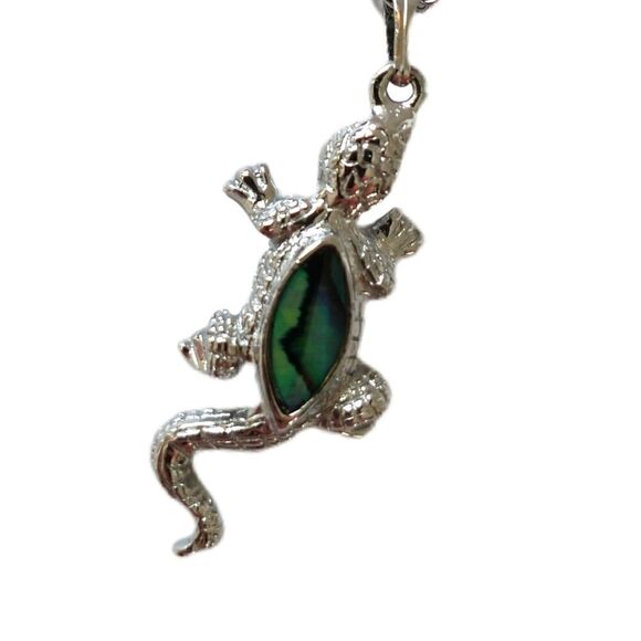 Vtg Abalone Gecko Pendant Necklace Lizard Reptile Silver Tone Shell 18" Chain - Picture 4 of 16